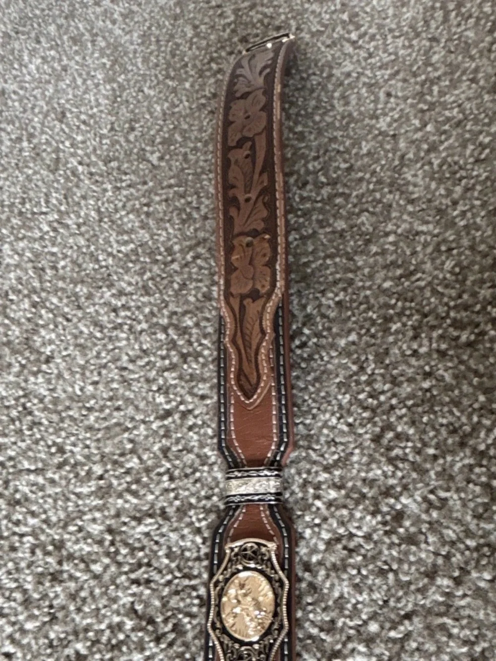 Unisex Western Style Brown Leather Belt with Ornate Gold Buckle